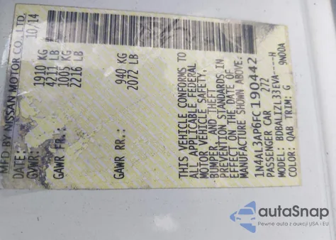 2015 Nissan Altima 2.5 Sv z USA, uszkodzony, nr VIN 1N4AL3AP6FC190442